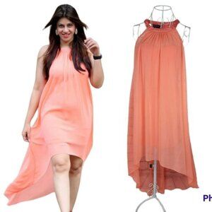 Bebe Coral High Low Bodycon with Chiffon Overlay Halter Dress Size 10